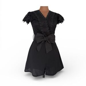 Elegant Black Lace shorts romper with bow belt - small